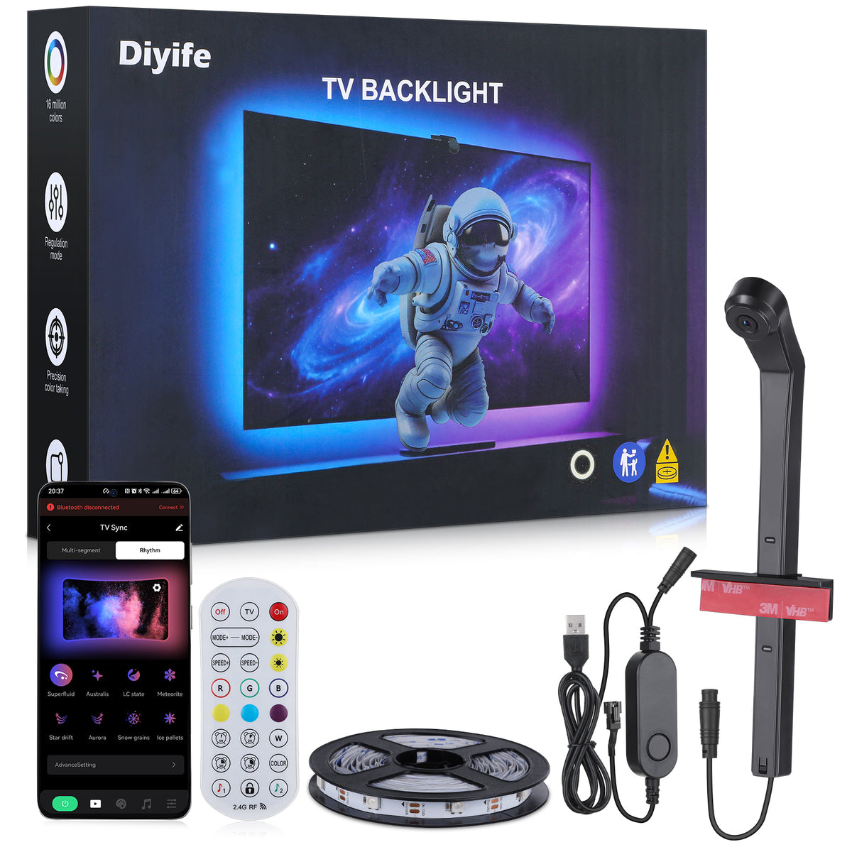 Diyife TV LED Lights, [Upgraded] 4m TV Backlights with AR Sensor Sync to 55-60 Inch TVs Screen & Music, Multiple Colors Changing RGB LED Strip Lights for TVs Work with Remote, Bluetooth, App Control [Energy Class E]