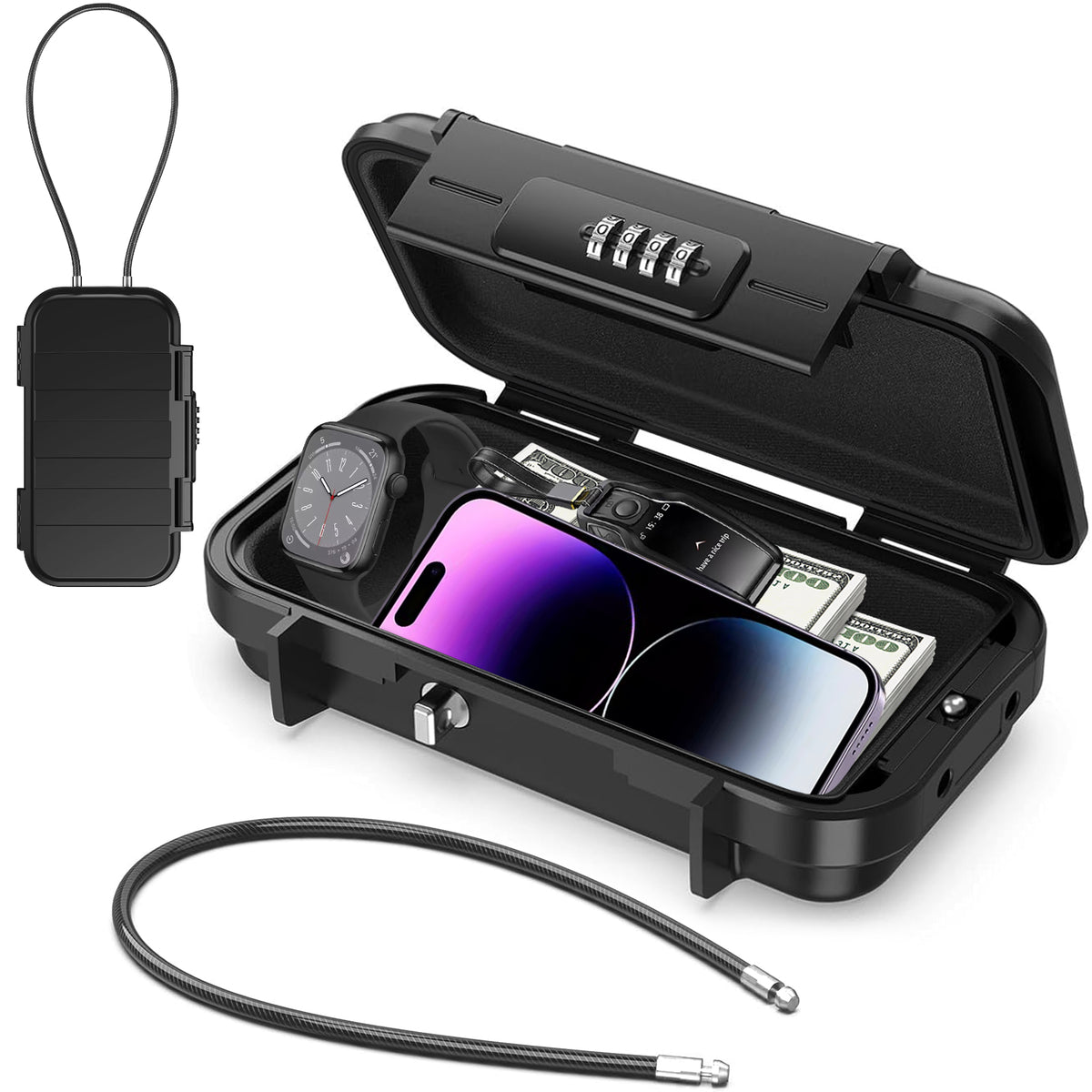 Diyife Portable Safe Box – [Waterproof] Travel Safe Combination Case, Anti-Theft Security Box with 4-Digit Code & Removable Wire Rope for Hotels, Travel, Sports, Office & Vacation