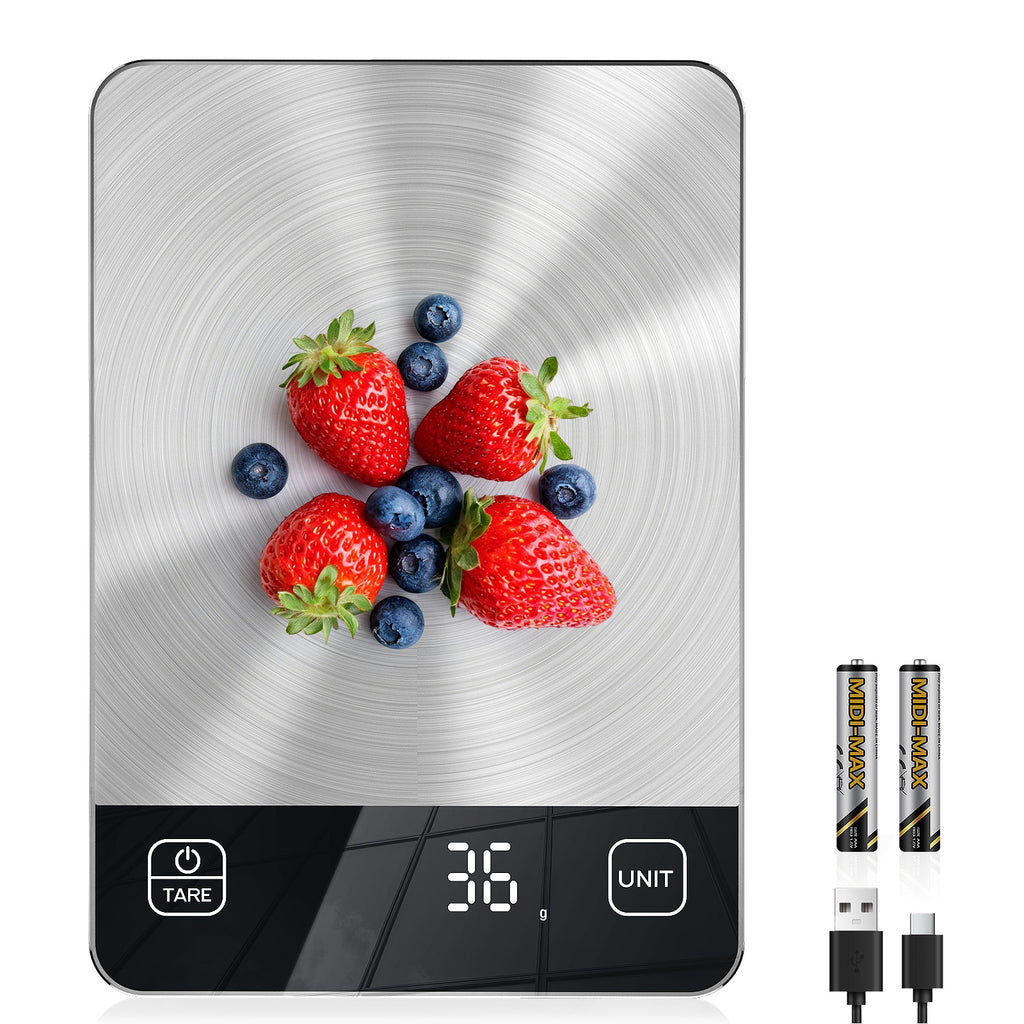 Diyife Rechargeable Kitchen Scales,15kg/1g, Large Stainless Steel Platform, 9×6.3in Large Size, 6 Units, Tare, Auto Shutoff, Wall Mount, USB Charge Food Scales for Baking, Cooking, Battery Included