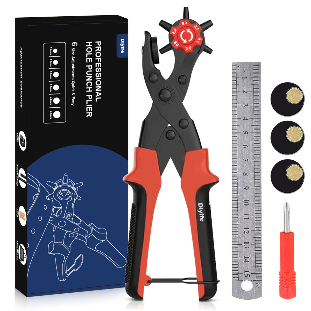 Diyife Leather Hole Punch Tool Full Set 6 Sizes 2‑4.5mm