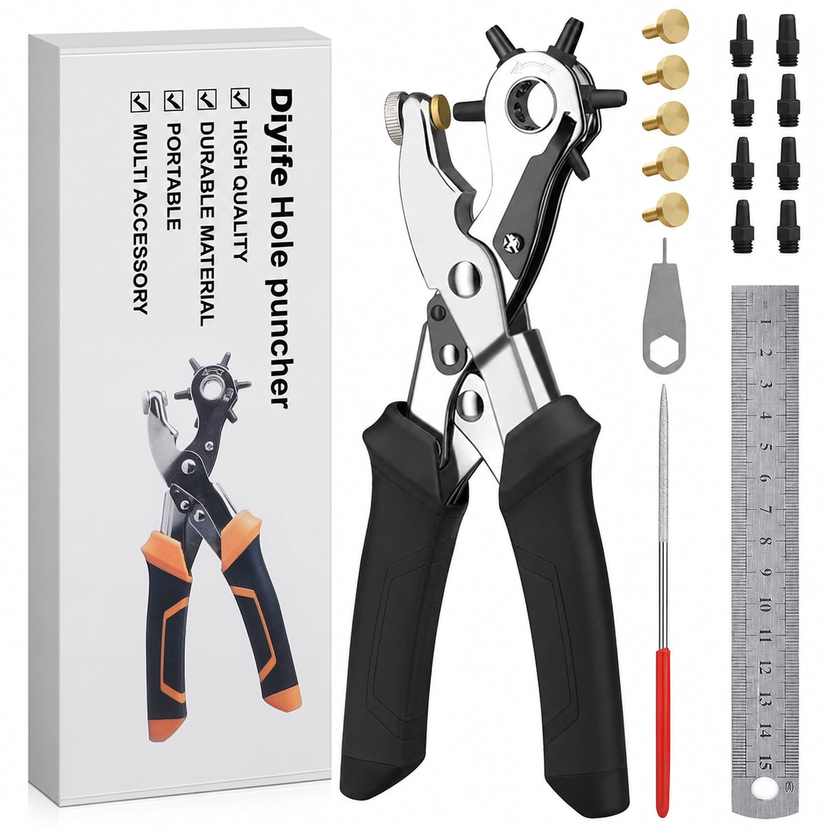 Diyife Belt Hole Puncher for Leather, [Complete Professional Kit] Ergonomic Effortless 6-Sizes Leather Hole Punch with 6 Spare Punches and 5 Brass Anvils for Belts, Fabric, Plastic, Watch Band