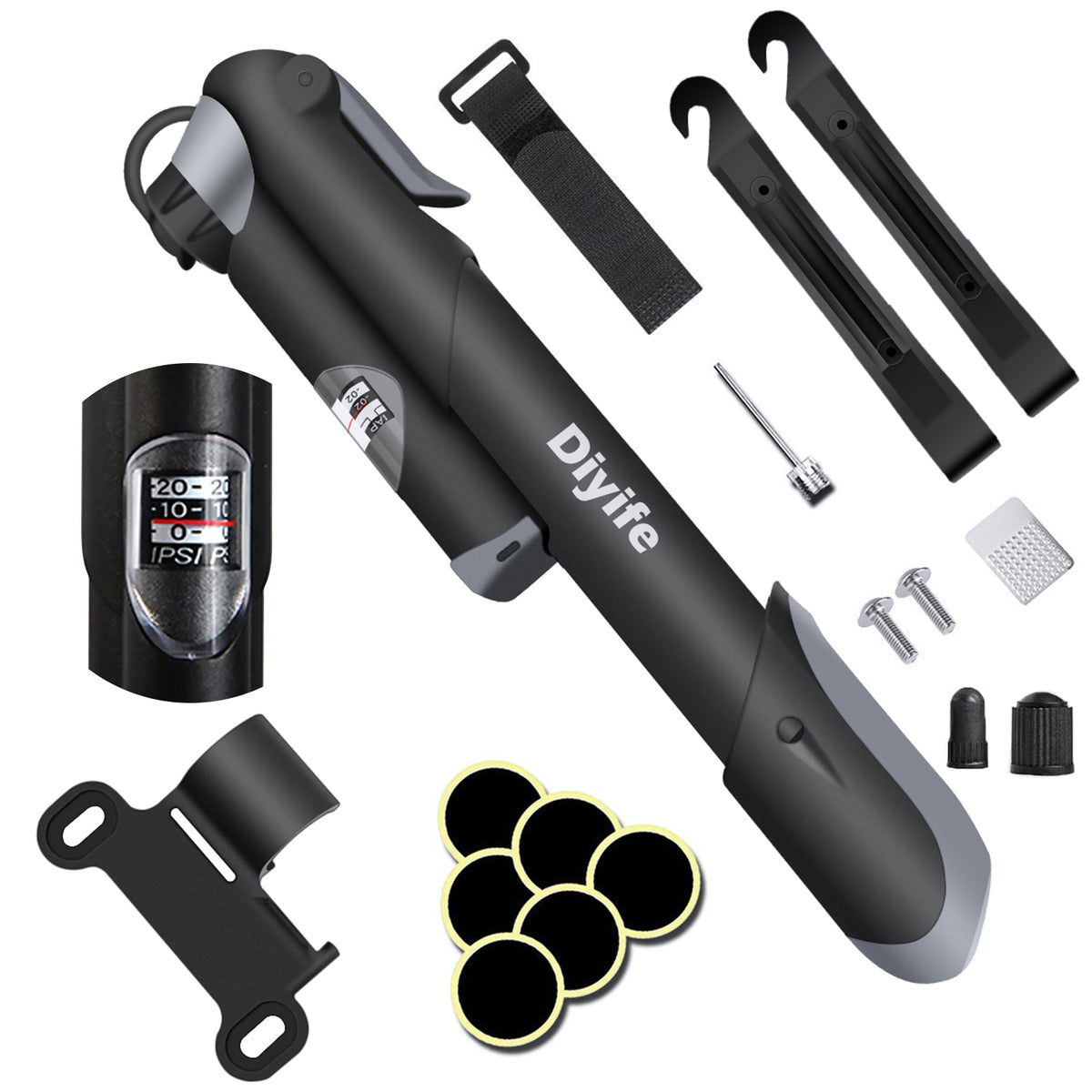 Diyife Bike Pump [Classic Edition] [with Pressure Gauge] – Mini Bicycle Pump with Needle, Glue-Free Connection Kit, Valve Caps & Mount – Fits Presta/Schrader