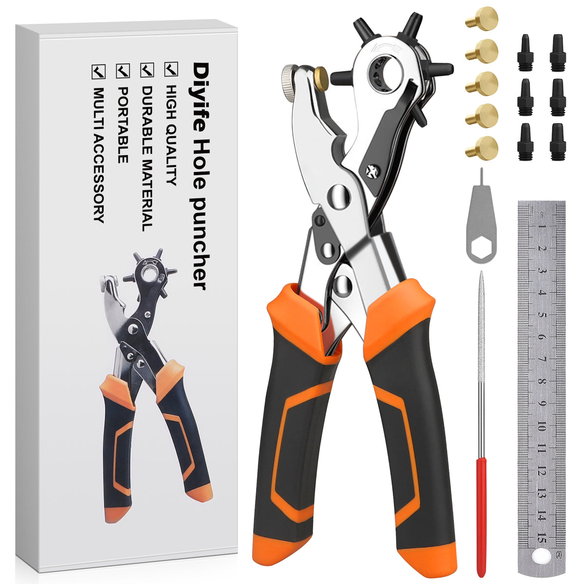 Diyife Belt Hole Puncher for Leather, [Complete Professional Kit] Ergonomic Effortless 6-Sizes Leather Hole Punch with 6 Spare Punches and 5 Brass Anvils for Belts, Fabric, Plastic, Watch Band