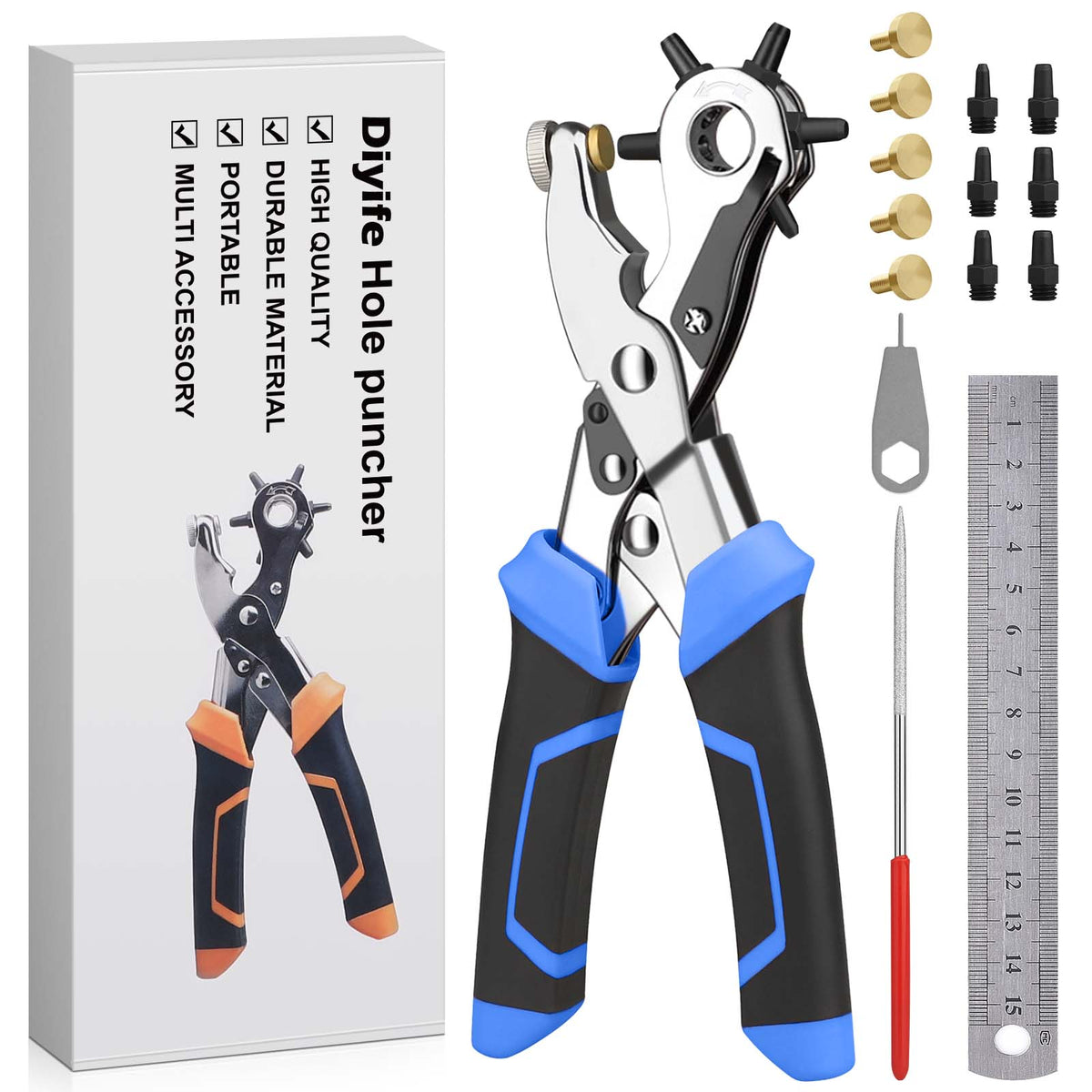 Diyife Belt Hole Puncher for Leather, [Complete Professional Kit] Ergonomic Effortless 6-Sizes Leather Hole Punch with 6 Spare Punches and 5 Brass Anvils for Belts, Fabric, Plastic, Watch Band