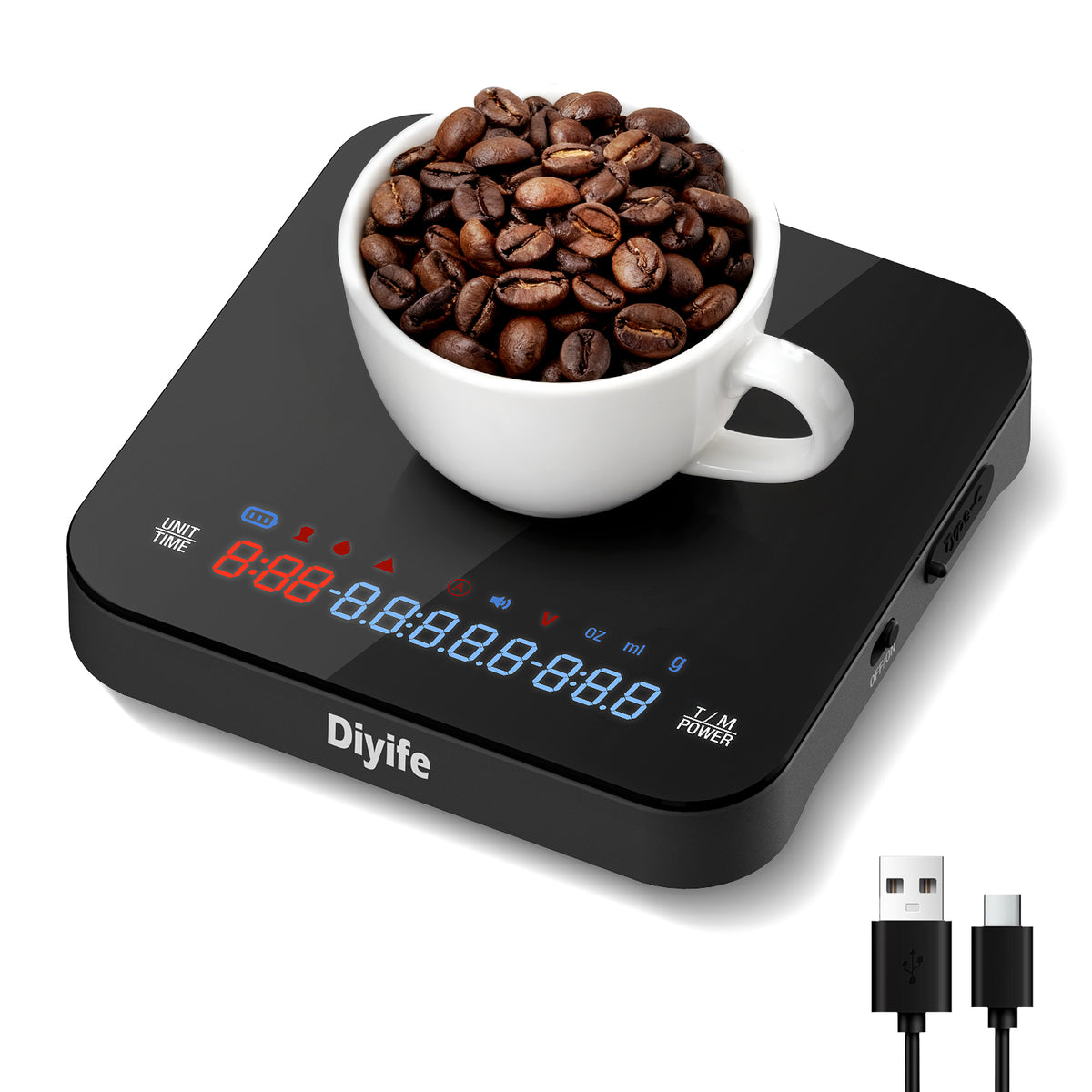 Diyife Mini Coffee Scales with Timer, 0.1g/2kg, Tri-Screen, 4 Brewing Modes, Rechargeable High Precision Digital Coffee Weighing Scales, USB-C Charging, Flow Rate for Espresso & Pour Over, Auto Timing