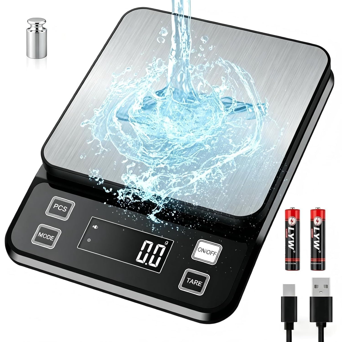 Diyife Full Waterproof Kitchen Scales Rechargeable, 0.1g/10kg, 10 Units, Tare, PCS Counting, Auto Off, Adjustable LCD Display, 304 Stainless Steel, Wall Mount Food Scales for Baking Cooking