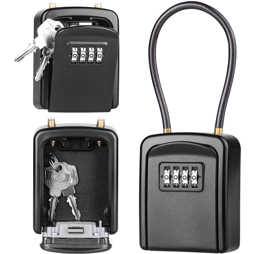 Key Safe Box, [Weatherproof] Diyife 4-Digit Combination Key Lock Box Removable Wire Rope Shackle, Hangable Portable Security Key Lock Box for Home Office Garage School