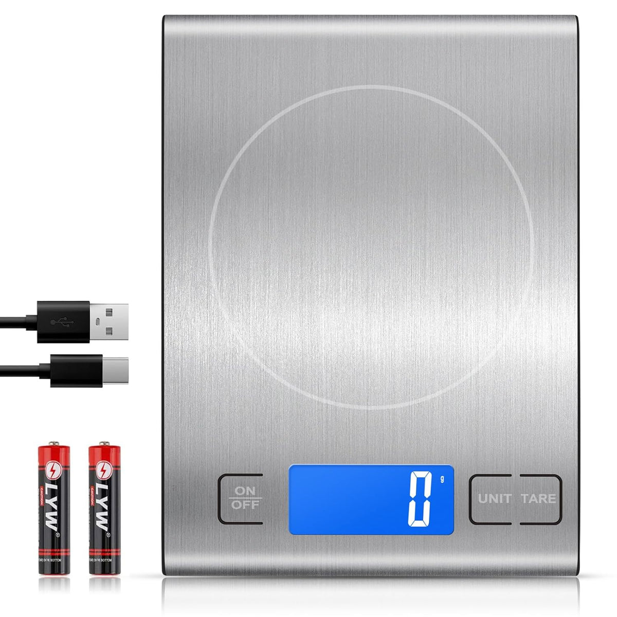 Diyife 15kg/33lbs Rechargeable Digital Kitchen Scales, 1g High Precision, 5 Units, Tare, Stainless Steel Platform, Large LCD Display, Battery Included, USB Charging Food Scales for Baking, Cooking