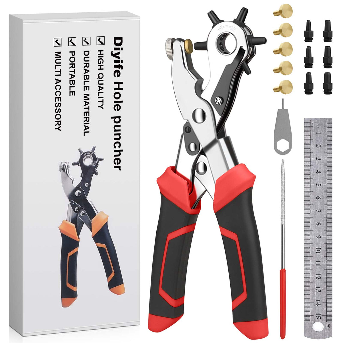 Diyife Belt Hole Puncher for Leather, [Complete Professional Kit] Ergonomic Effortless 6-Sizes Leather Hole Punch with 6 Spare Punches and 5 Brass Anvils for Belts, Fabric, Plastic, Watch Band