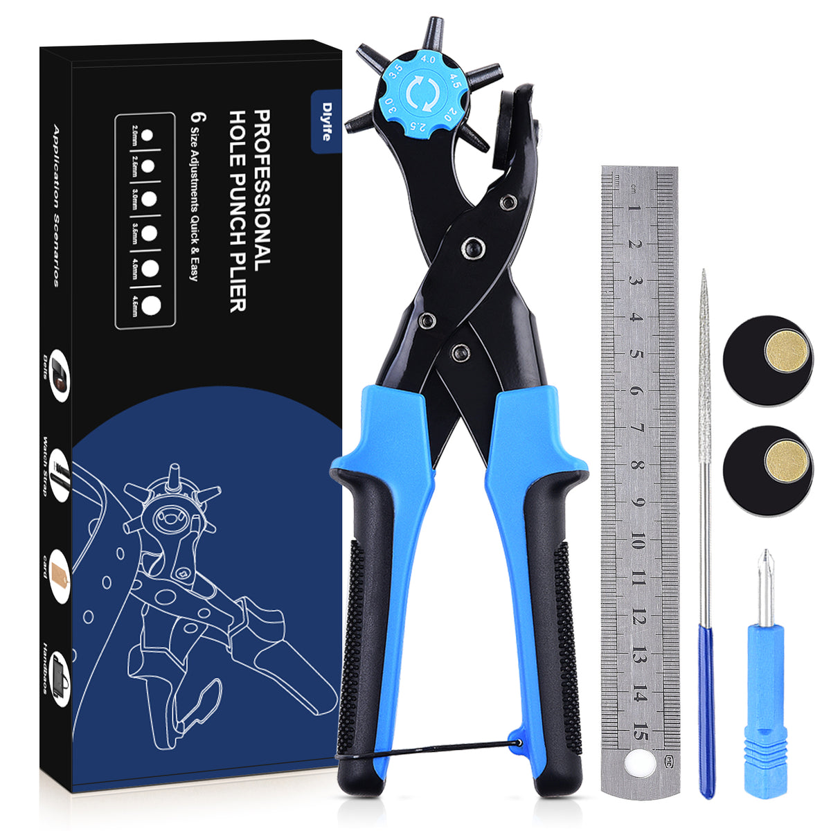Diyife Leather Hole Punch Tool Full Set 6 Sizes 2‑4.5mm