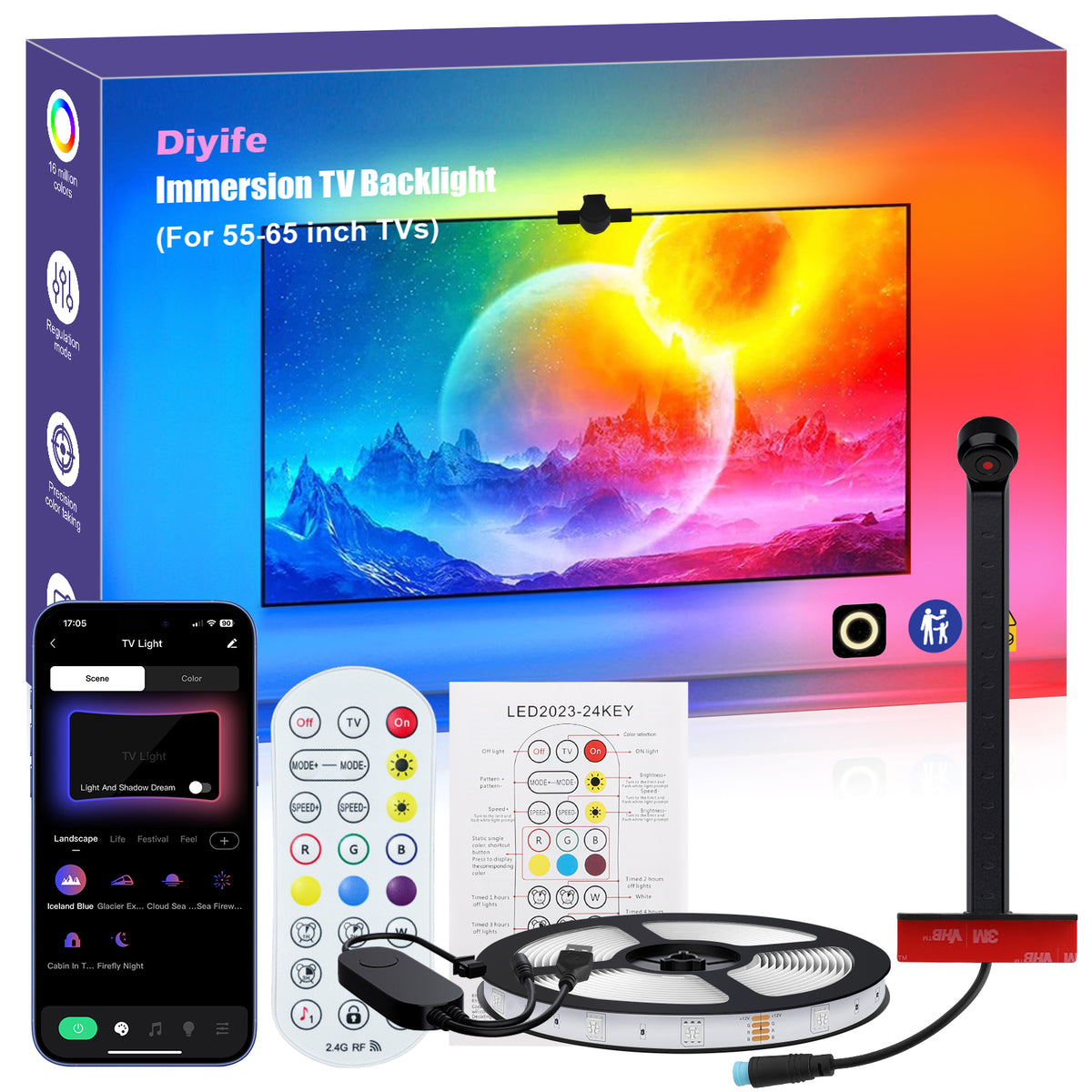 Diyife TV LED Lights, TV Backlights with AR Sensor Sync to TVs Screen & Music, Multiple Colors Changing RGB LED Strip Lights for TV Work with Remote, Bluetooth, Smart App Control