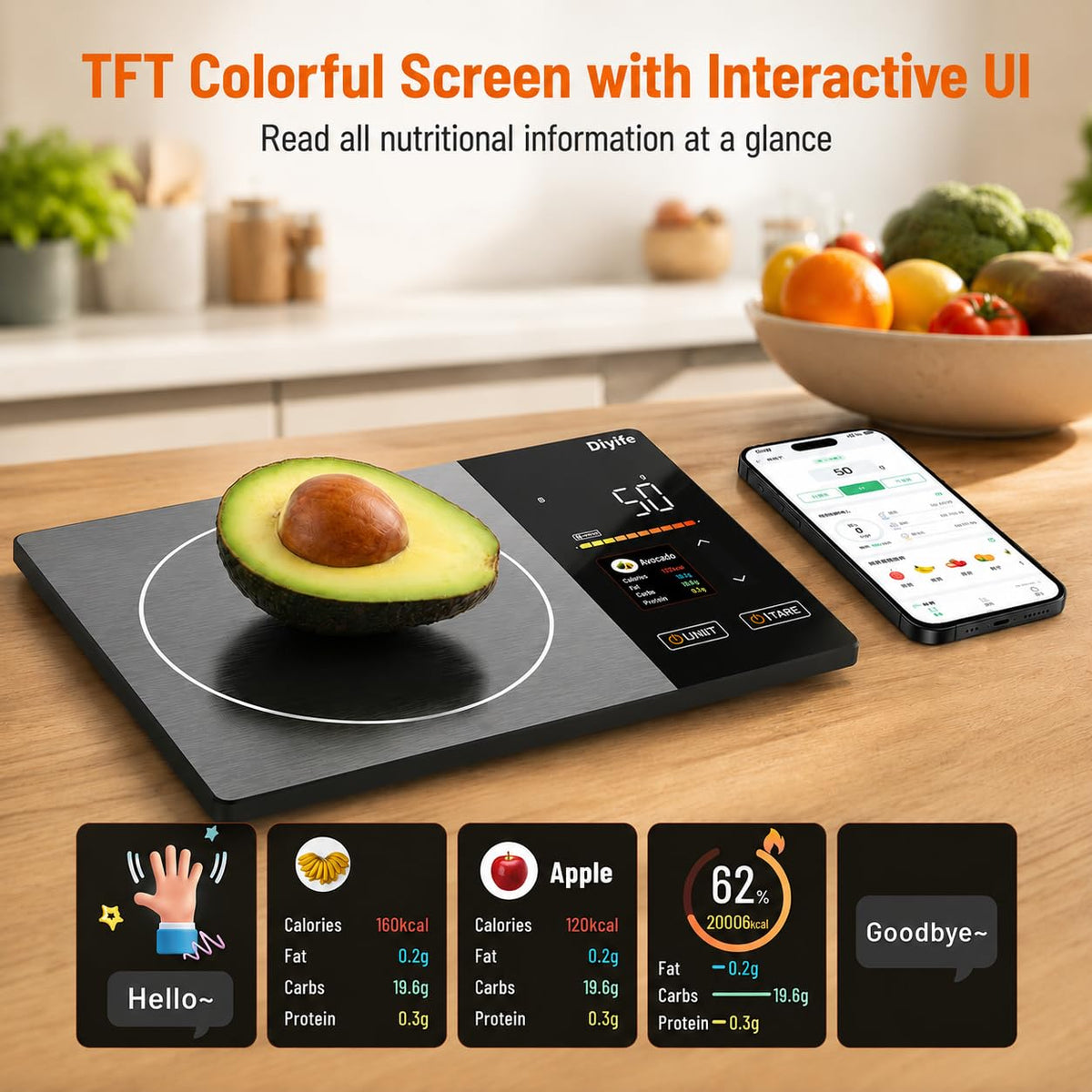 Diyife Smart Food Scales Calorie Counting, [TFT Colorful Display] 25 Nutrients Kitchen Scales with APP Sync, Calorie & Macro Tracking, Keto, 5 Units, Tare, 5kg Nutrition Scales for Baking, Weight Loss