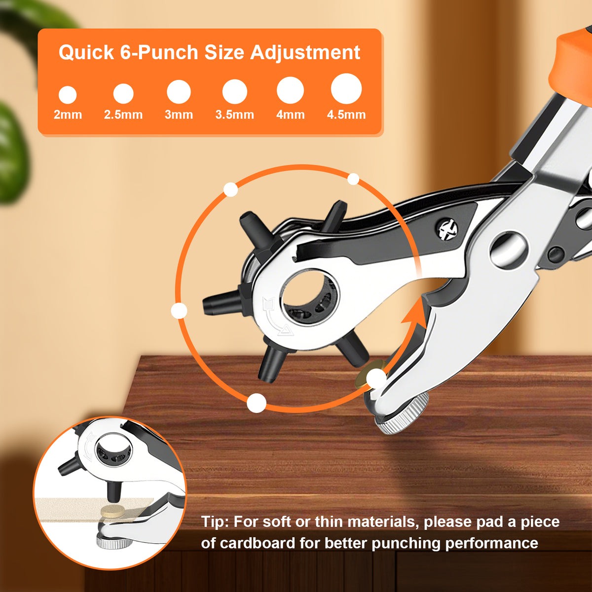 Diyife Belt Hole Puncher for Leather, [Complete Professional Kit] Ergonomic Effortless 6-Sizes Leather Hole Punch with 6 Spare Punches and 5 Brass Anvils for Belts, Fabric, Plastic, Watch Band