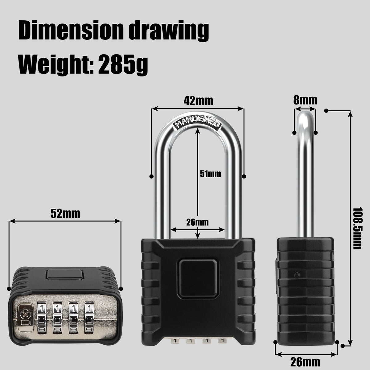 Large Heavy Duty Combination Padlock, [Long Shackle 8mm Thick] [One-Click Open] Diyife 52mm 4 Digit Locker Lock Weatherproof Outdoor Combination Lock for Shed, Fence,Hasp,Cabinet, School, Gym