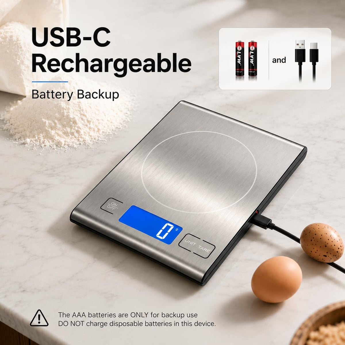 Diyife 15kg/33lbs Rechargeable Digital Kitchen Scales, 1g High Precision, 5 Units, Tare, Stainless Steel Platform, Large LCD Display, Battery Included, USB Charging Food Scales for Baking, Cooking