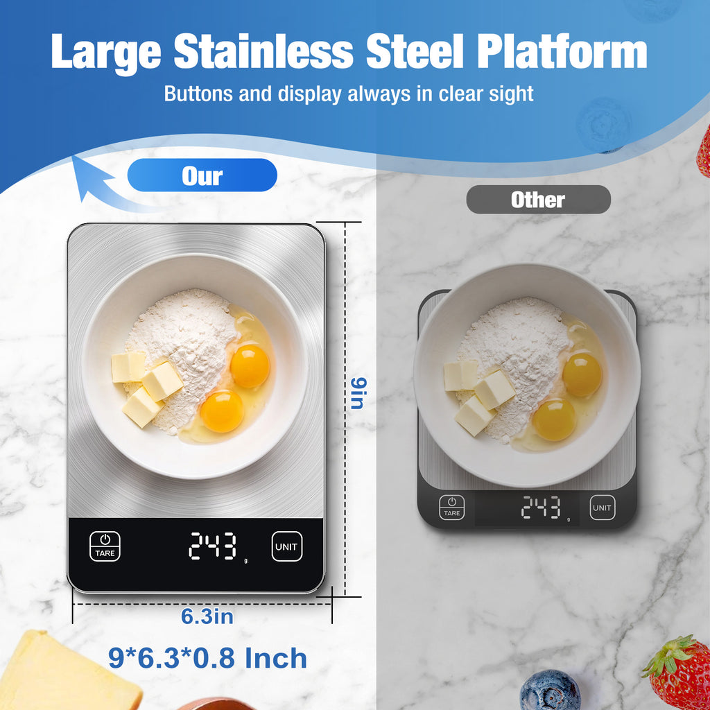 Diyife Rechargeable Kitchen Scales,15kg/1g, Large Stainless Steel Platform, 9×6.3in Large Size, 6 Units, Tare, Auto Shutoff, Wall Mount, USB Charge Food Scales for Baking, Cooking, Battery Included