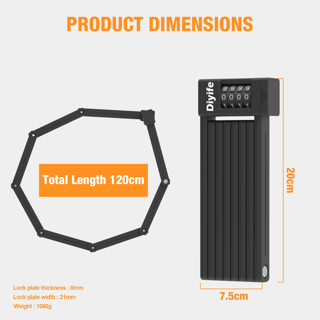 Diyife Folding Bike Lock, Combination Bicycle Lock with Bracket for Ebike Scooter Motorcycle