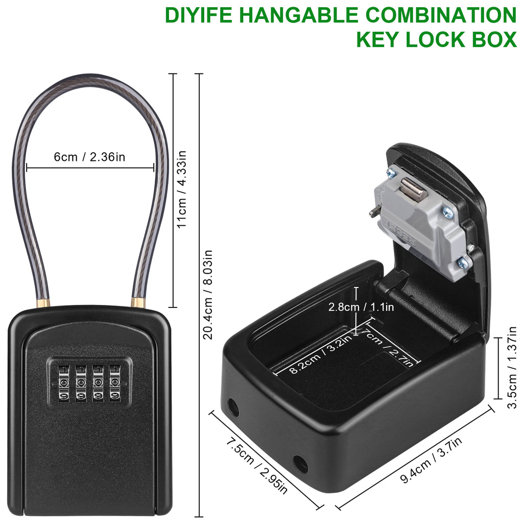 Key Safe Box, [Weatherproof] Diyife 4-Digit Combination Key Lock Box Removable Wire Rope Shackle, Hangable Portable Security Key Lock Box for Home Office Garage School