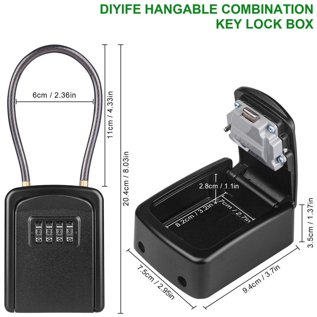 Key Safe Box, [Weatherproof] Diyife 4-Digit Combination Key Lock Box Removable Wire Rope Shackle, Hangable Portable Security Key Lock Box for Home Office Garage School