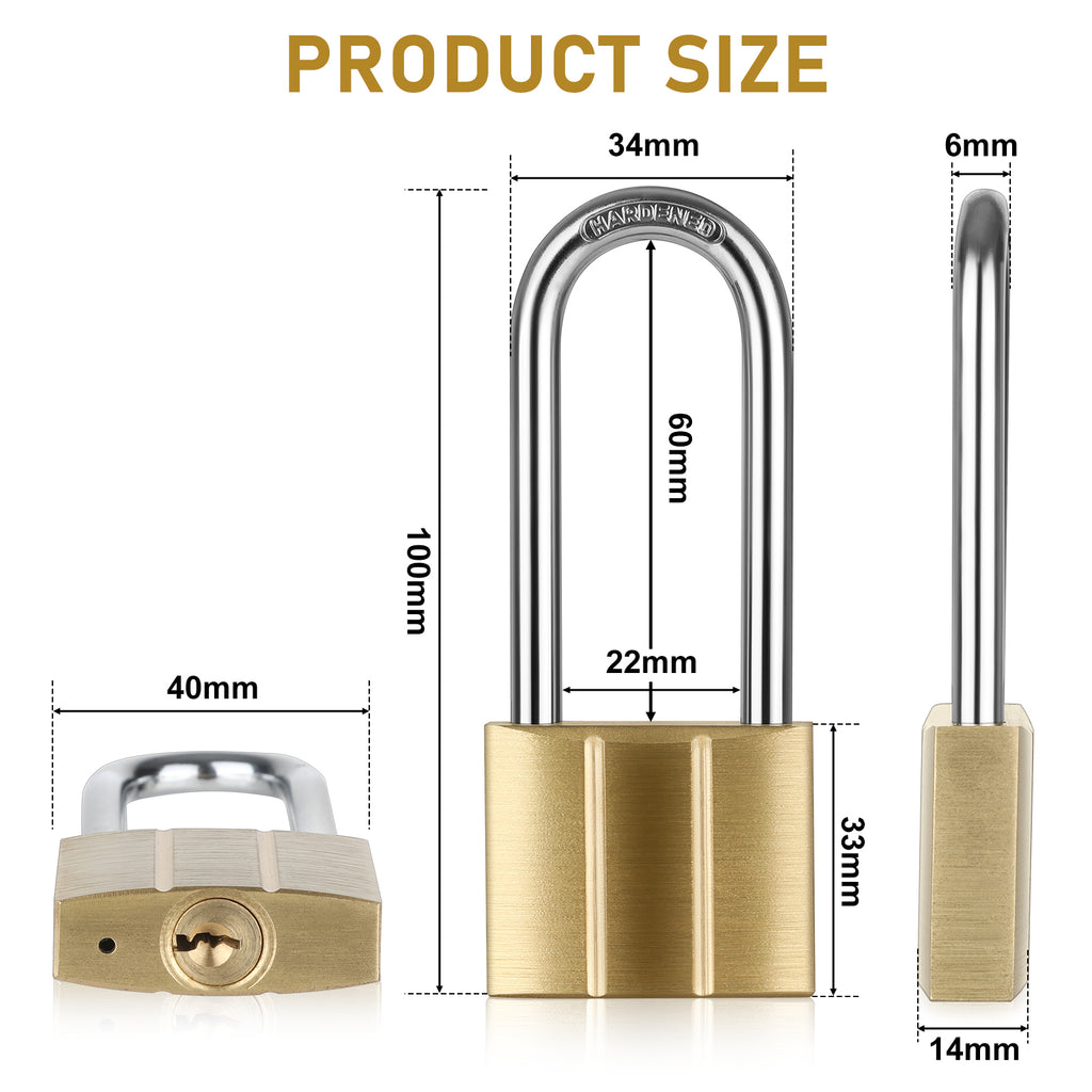 Heavy Duty Solid Brass Long Padlock with 3 Keys, 40mm Width 6mm Shackle 5-Pin Cylinder, Diyife Weatherproof Corrosion Resistant High Security Outdoor Lock for Gate, Garage, Storage Unit, Trailer