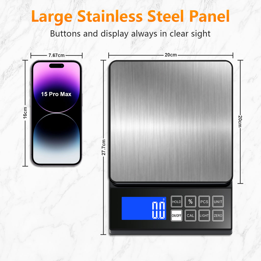 Diyife Large Digital Kitchen Scale with%Percentage &Hold Function,0.1g/5kg, IP67 Waterproof Baking Scale, USB‑C Rechargeable, 7.9x7.9" Food Scales with Large LCD Display for Cooking,Stainless Steel Pan
