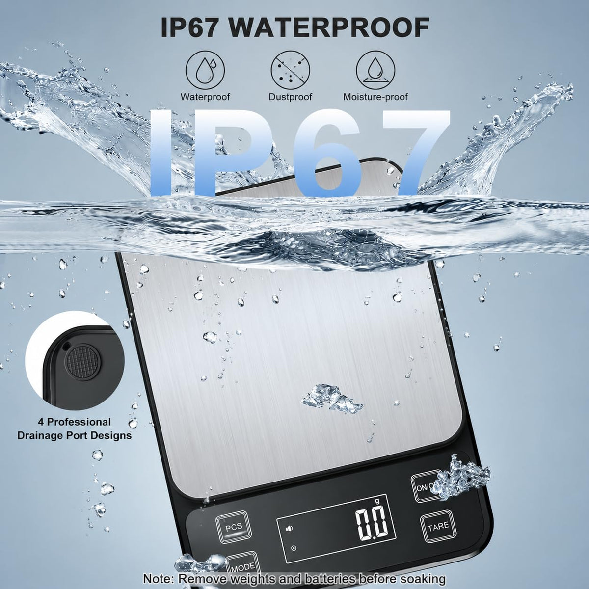 Diyife Full Waterproof Kitchen Scales Rechargeable, 0.1g/10kg, 10 Units, Tare, PCS Counting, Auto Off, Adjustable LCD Display, 304 Stainless Steel, Wall Mount Food Scales for Baking Cooking