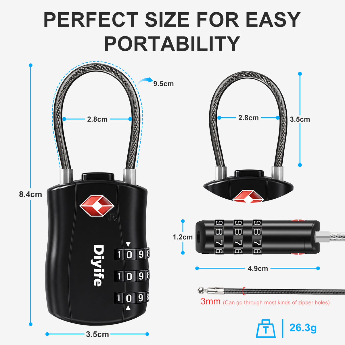 Diyife TSA Combination Padlock, 3 Digit Luggage Lock, Travel Lock for Suitcase, Backpack, Locker, Briefcase