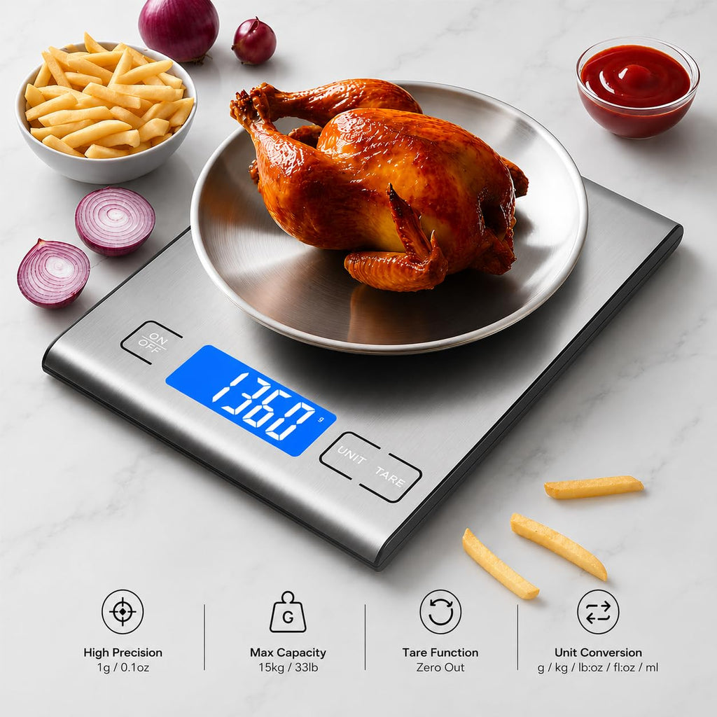Diyife 15kg/33lbs Rechargeable Digital Kitchen Scales, 1g High Precision, 5 Units, Tare, Stainless Steel Platform, Large LCD Display, Battery Included, USB Charging Food Scales for Baking, Cooking