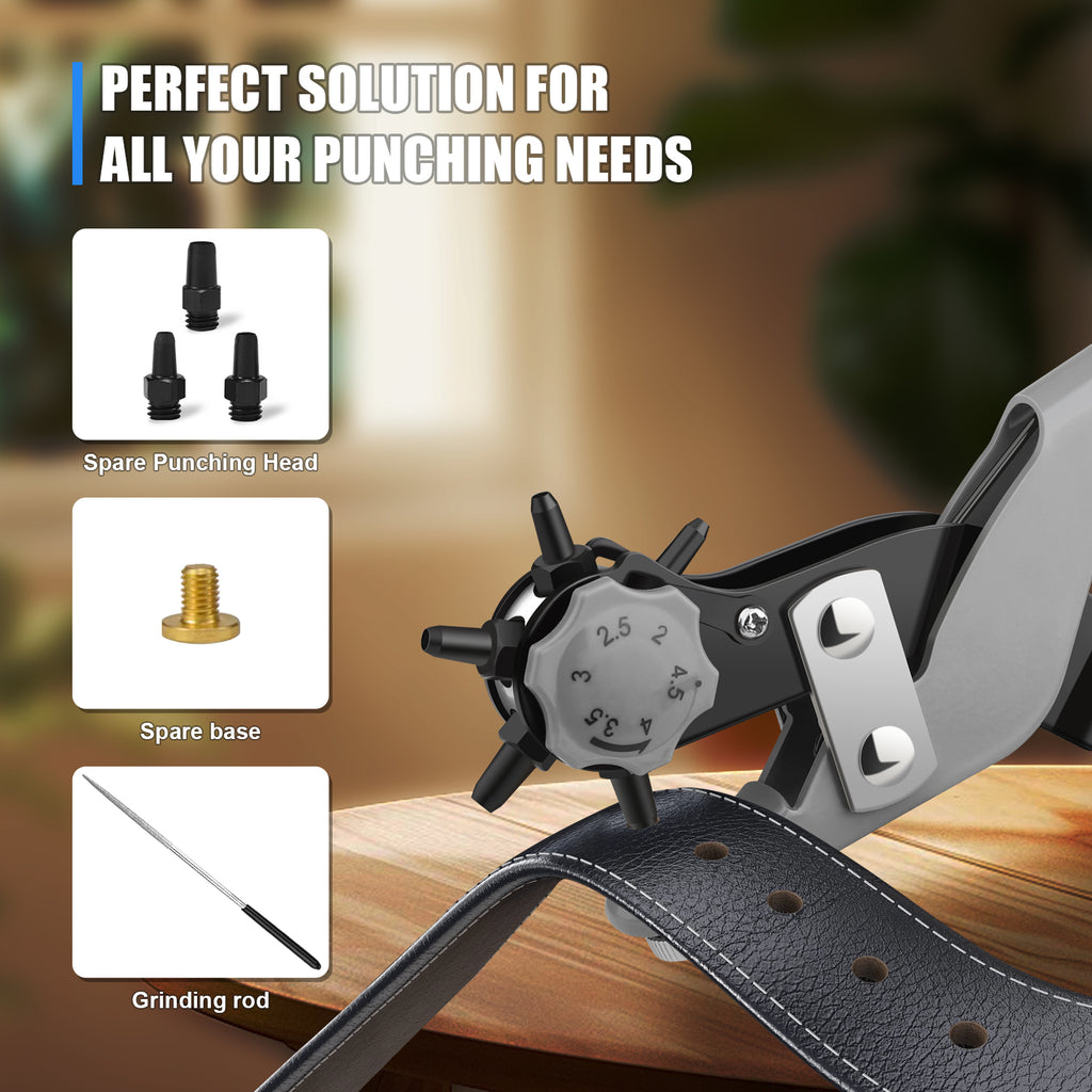 Diyife Pro Lightweight Belt Hole Puncher, [Magnetic] Effortless One-Squeeze Leather Hole Punch Tool with 6 Interchangeable Punch Heads, Brass Anvils, Compact & Durable, for Belts, Cards, Papers