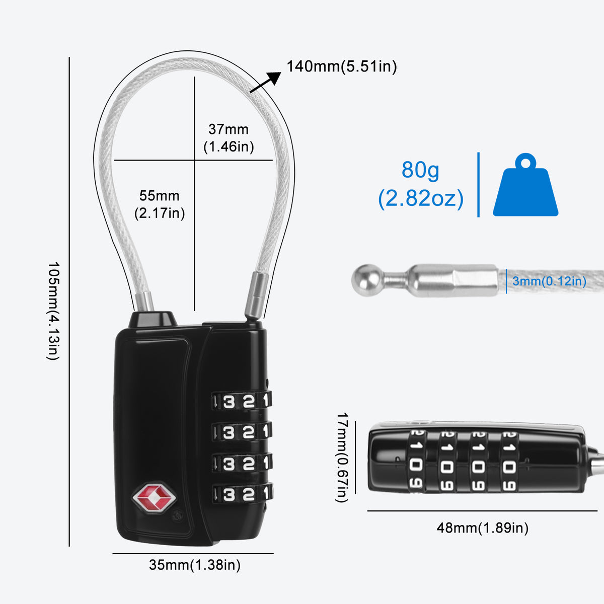Diyife TSA008 Travel Luggage Lock, 2 Pack 4-Digit Resettable Combination Padlock with Open Alert Indicator & Flexible Cable, Security Upgrade Small Round Lock for Suitcases & Cases