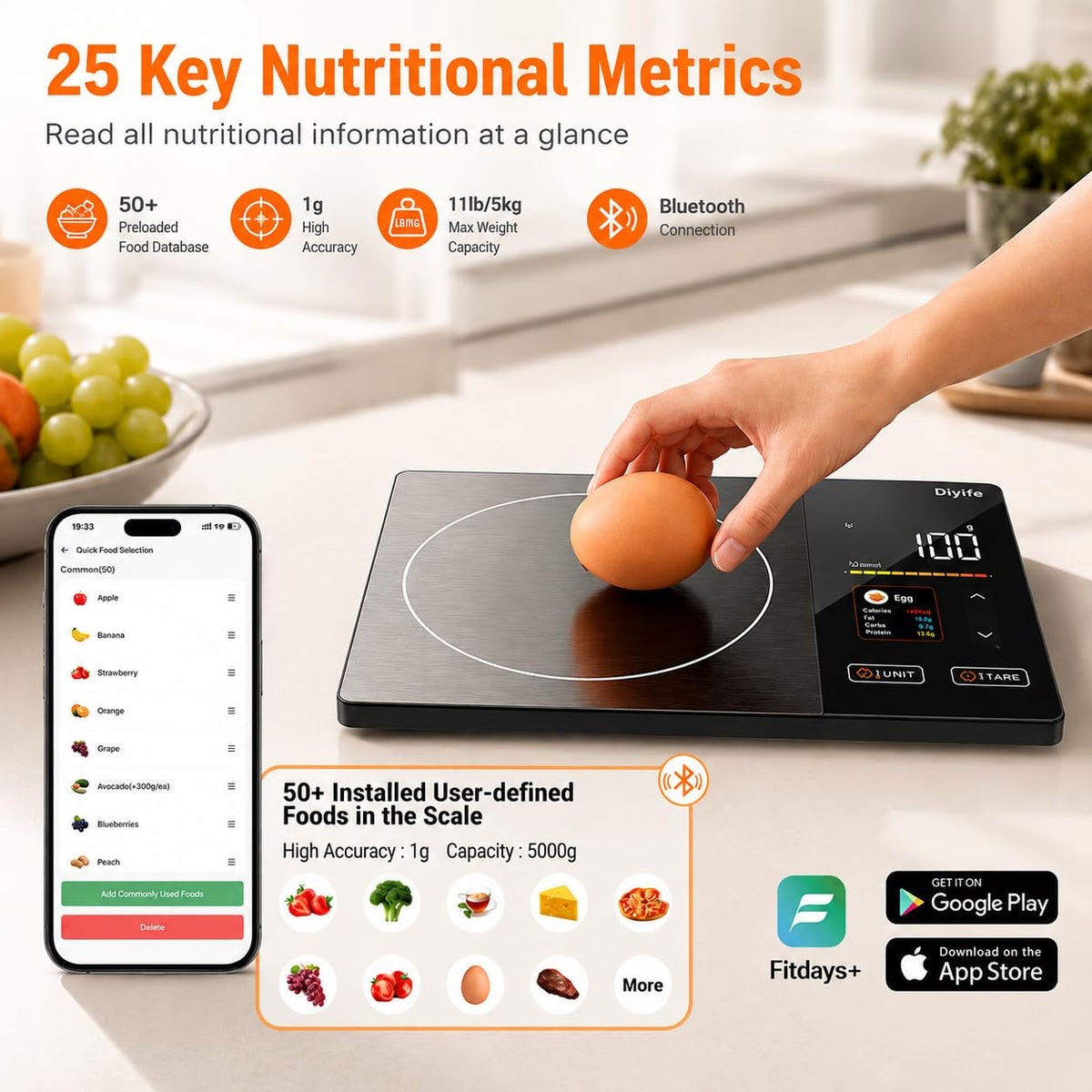 Diyife Smart Food Scales Calorie Counting, [TFT Colorful Display] 25 Nutrients Kitchen Scales with APP Sync, Calorie & Macro Tracking, Keto, 5 Units, Tare, 5kg Nutrition Scales for Baking, Weight Loss