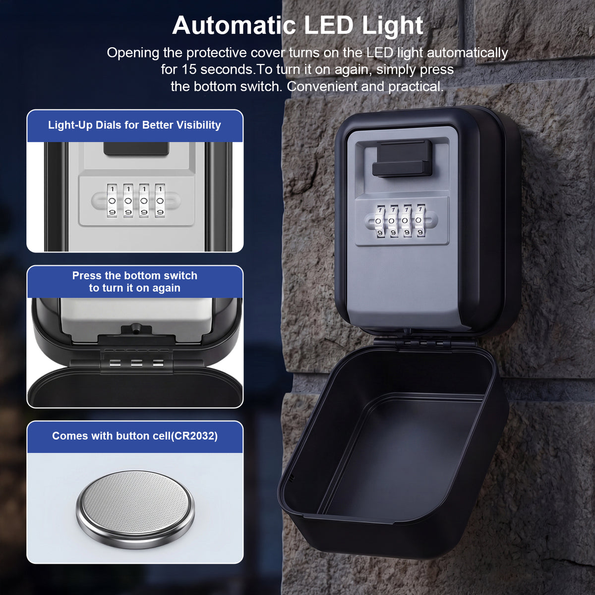 Diyife Large Key Safe Wall Mounted for Car Keys Outdoor with Light Up Dials Waterproof,4 Digit Combination Lock Box with Protective Cover for Rentals Airbnb House Garage, Internal Dimensions:90x60x46mm