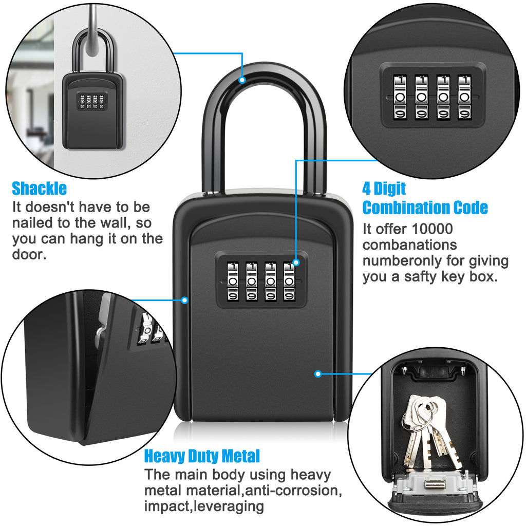 Key Lock Box, Diyife 4-Digit Security Combination Lock Box for House Key Weatherproof, Hanging Mounted, 5 House Keys Capacity, Portable Spare Key Storage Box for Home Apartment Office Garage Airbnb