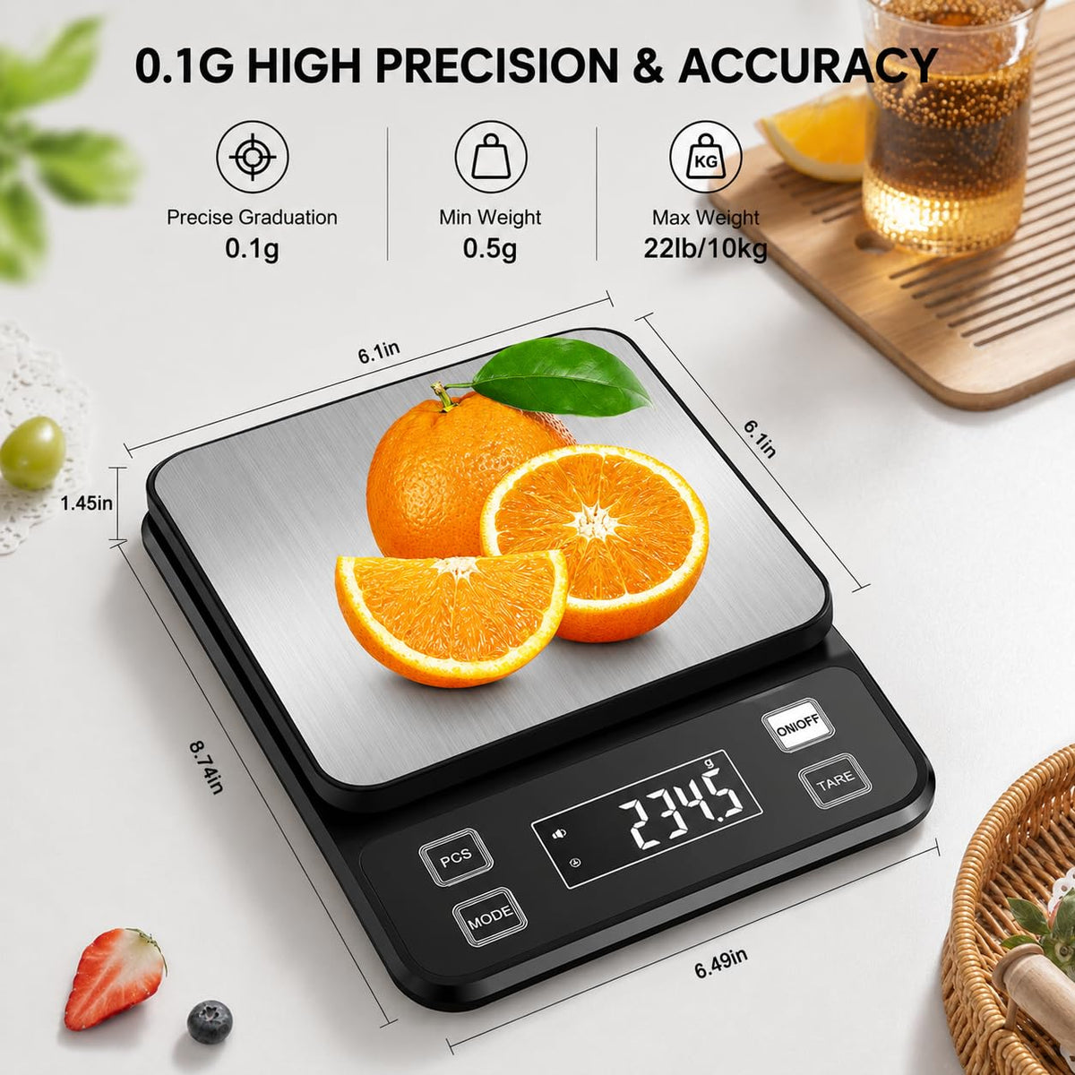Diyife Full Waterproof Kitchen Scales Rechargeable, 0.1g/10kg, 10 Units, Tare, PCS Counting, Auto Off, Adjustable LCD Display, 304 Stainless Steel, Wall Mount Food Scales for Baking Cooking