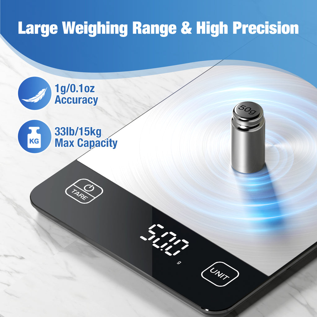 Diyife Rechargeable Kitchen Scales,15kg/1g, Large Stainless Steel Platform, 9×6.3in Large Size, 6 Units, Tare, Auto Shutoff, Wall Mount, USB Charge Food Scales for Baking, Cooking, Battery Included