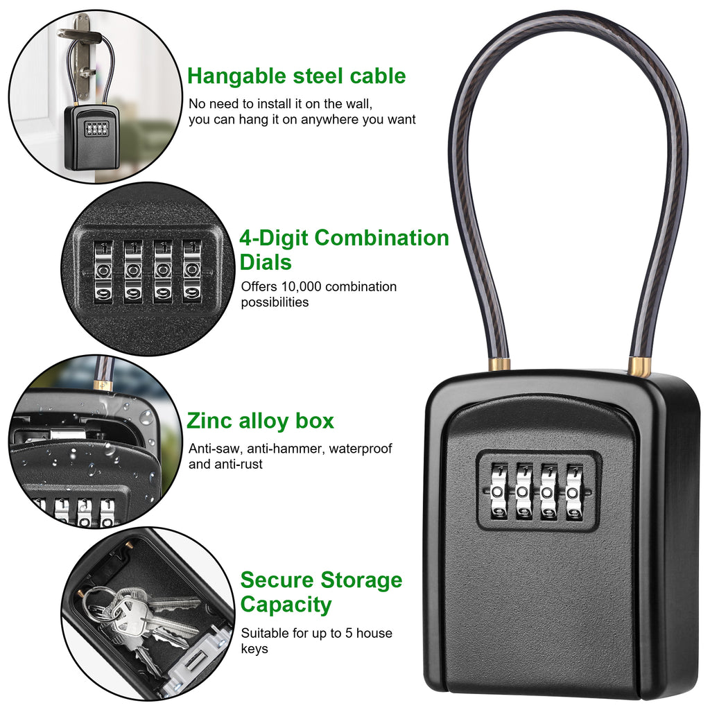 Key Safe Box, [Weatherproof] Diyife 4-Digit Combination Key Lock Box Removable Wire Rope Shackle, Hangable Portable Security Key Lock Box for Home Office Garage School