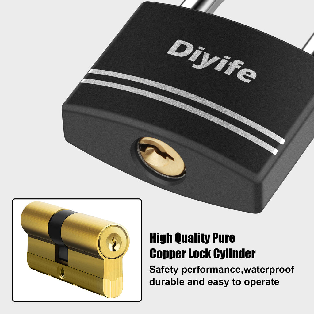 Diyife Padlock with Key, [2 Keys] Aluminum Lightweigt Long Shackle Padlocks, Anti-Rust Key Lock Outdoor Weatherproof Lock, 40mm Locker Locks for School, Gym Locker, Fence, Gate, Garage, Shed (Black)
