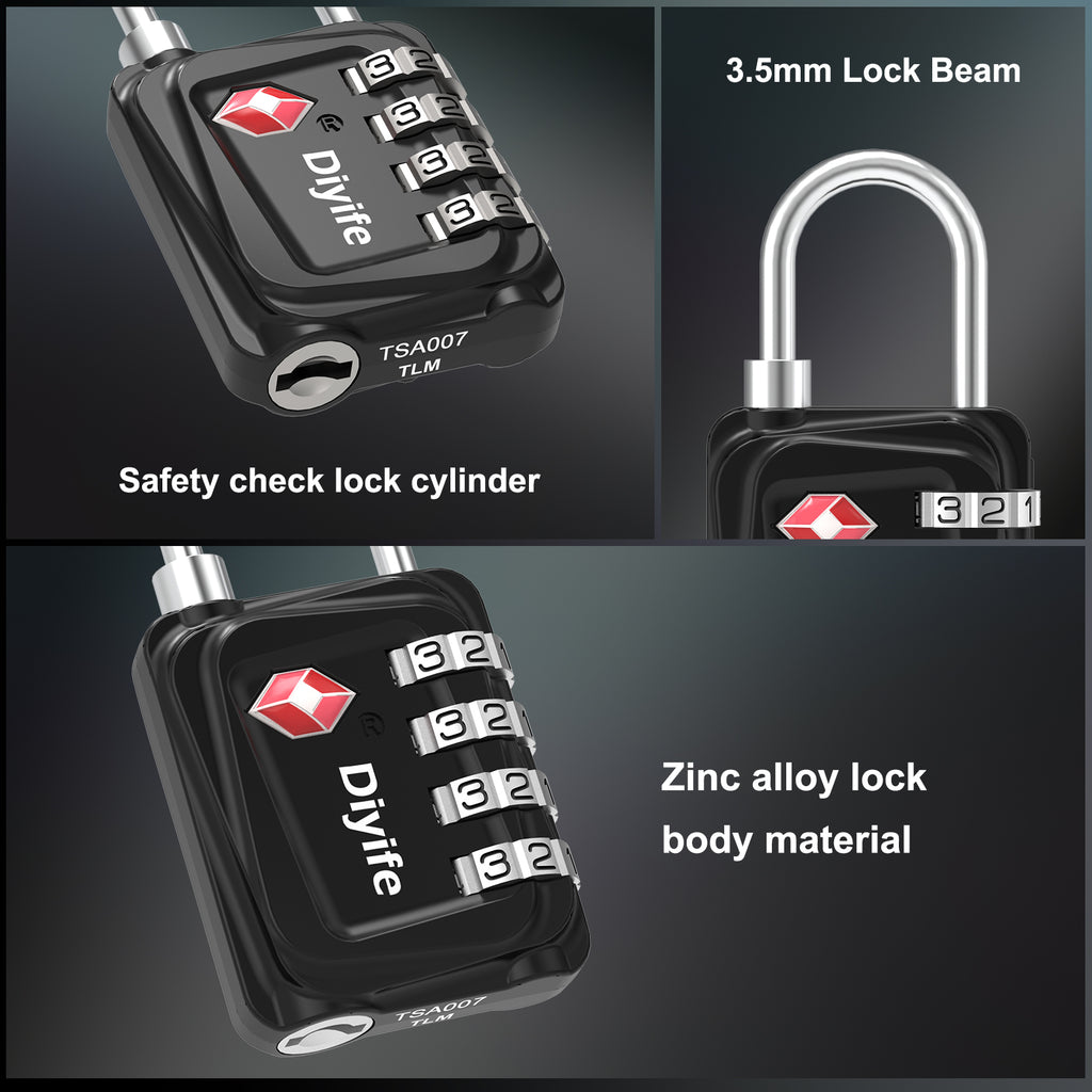 Diyife TSA Luggage Padlock, 4 Digit Combination Lock, Airplane Travel Lock for Suitcase, Gym Bag, Backpack, Case