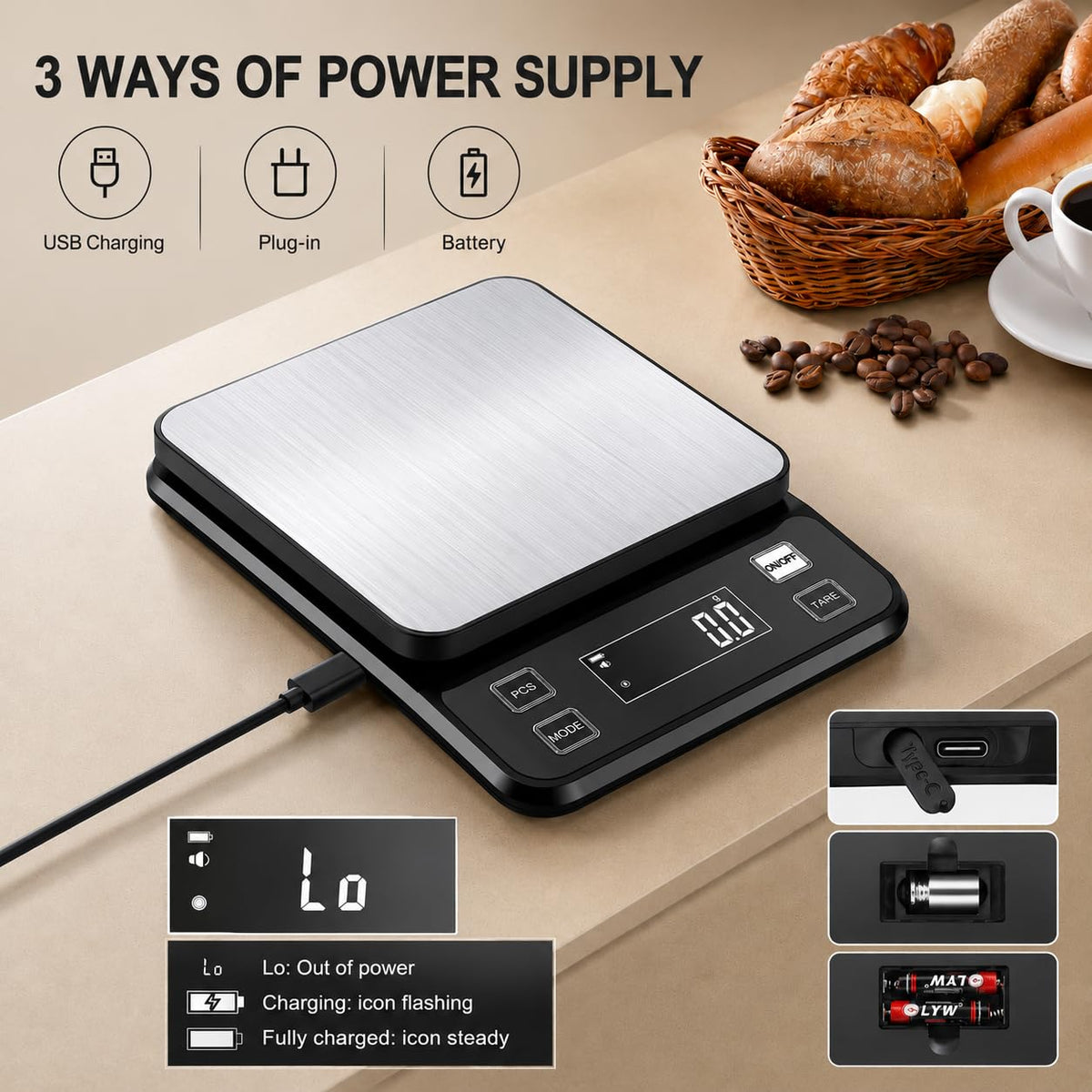 Diyife Full Waterproof Kitchen Scales Rechargeable, 0.1g/10kg, 10 Units, Tare, PCS Counting, Auto Off, Adjustable LCD Display, 304 Stainless Steel, Wall Mount Food Scales for Baking Cooking