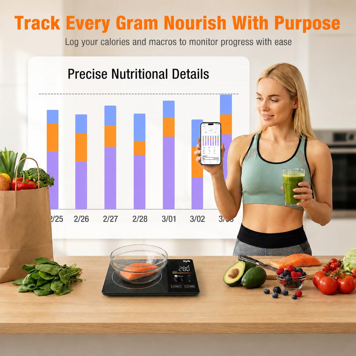 Diyife Smart Food Scales Calorie Counting, [TFT Colorful Display] 25 Nutrients Kitchen Scales with APP Sync, Calorie & Macro Tracking, Keto, 5 Units, Tare, 5kg Nutrition Scales for Baking, Weight Loss