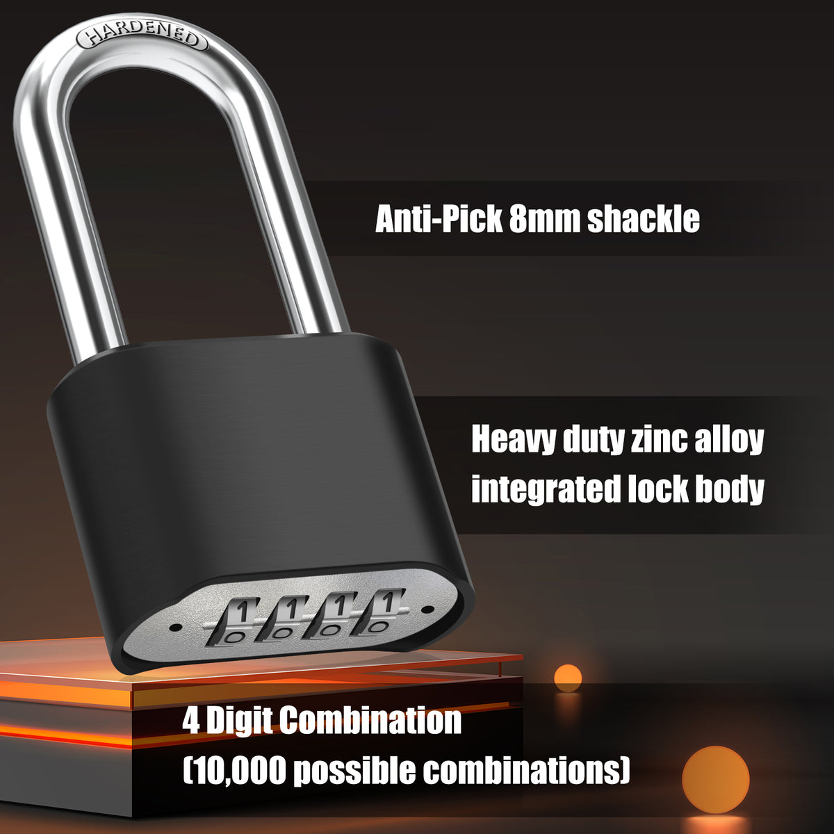 Large Heavy Duty Combination Padlock, [Long Shackle 8mm Thick] Diyife 51.5mm 4 Digit Locker Lock Weatherproof Outdoor Combination Lock for Gate, Shed, Fence, Cabinet, School, Gym (Black)