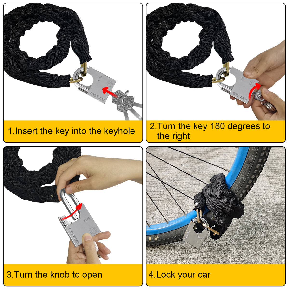 Diyife Bike Lock Heavy Duty, [Reforced Version] [4 Keys] 1m x 6mm Anti-Theft Bike Chain Lock High Security, Weatherproof Bicycle Lock 50mm Padlock for Bike, Motorcycle, Scooter, Door, Gate, Fence