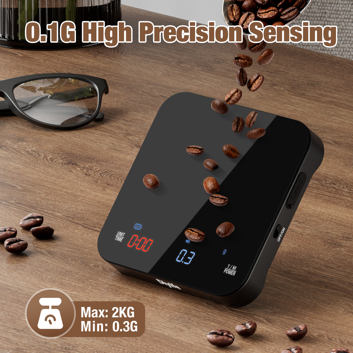 Diyife Mini Coffee Scales with Timer, 0.1g/2kg, Tri-Screen, 4 Brewing Modes, Rechargeable High Precision Digital Coffee Weighing Scales, USB-C Charging, Flow Rate for Espresso & Pour Over, Auto Timing