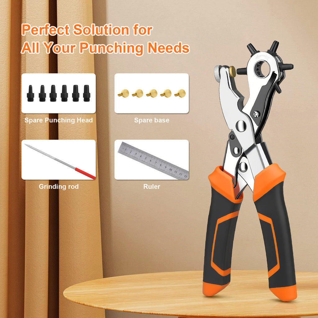 Diyife Belt Hole Puncher for Leather, [Complete Professional Kit] Ergonomic Effortless 6-Sizes Leather Hole Punch with 6 Spare Punches and 5 Brass Anvils for Belts, Fabric, Plastic, Watch Band