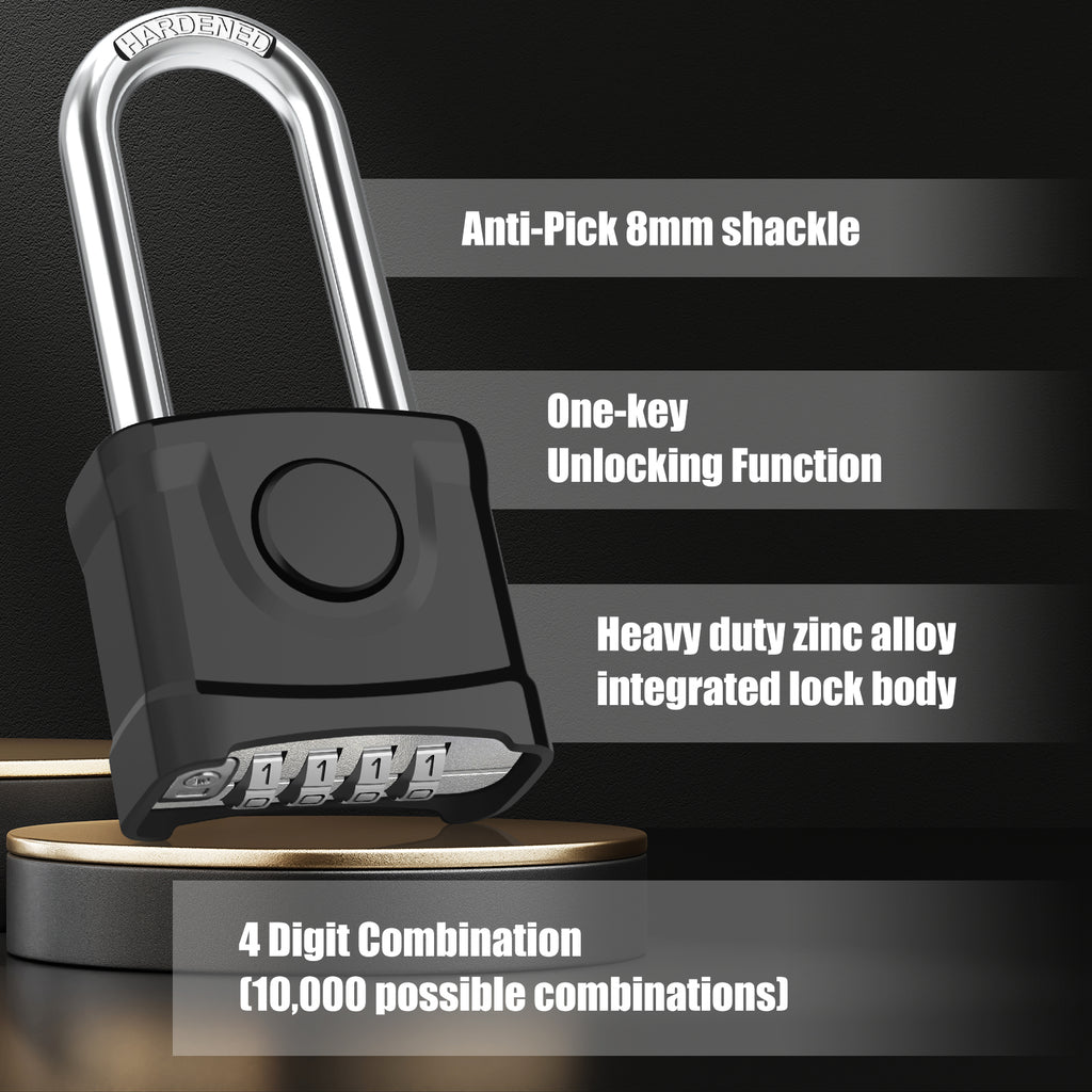 Large Heavy Duty Combination Padlock, [Long Shackle 8mm Thick] Diyife 54mm Locker Lock, 4 Digit Weatherproof Padlock, [One-Click Open] Combination Lock for Gym, Outdoor, Shed, Fence, Cabinet (Black)