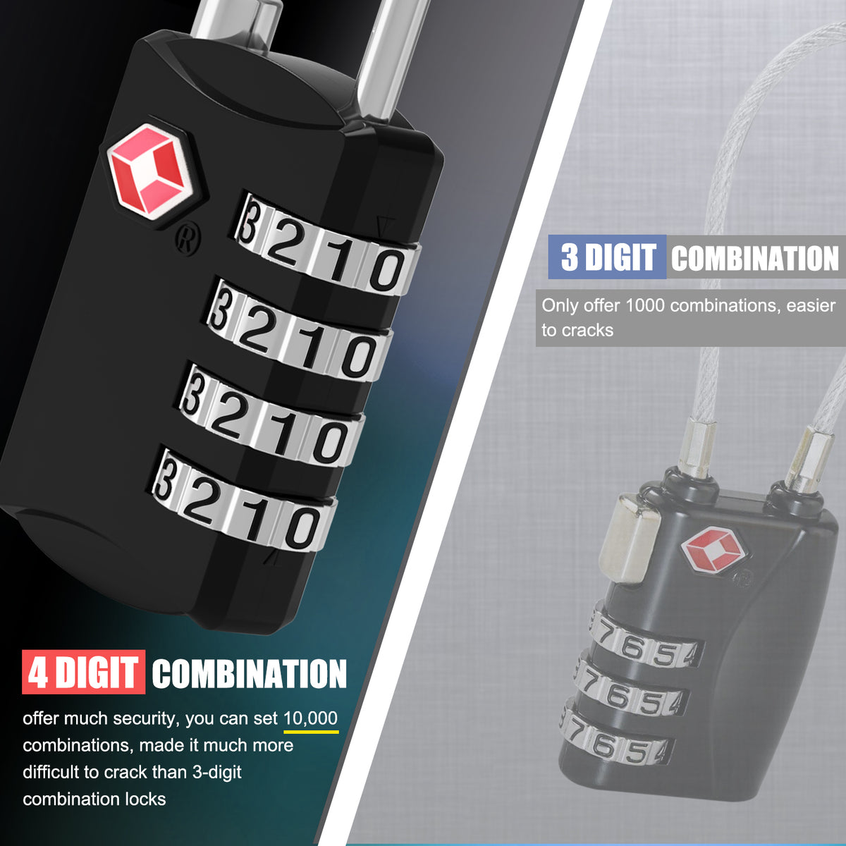 Diyife TSA Combination Padlock, 4 Digit Luggage Lock, Black, for Suitcase, Travel Bag, Gym Locker