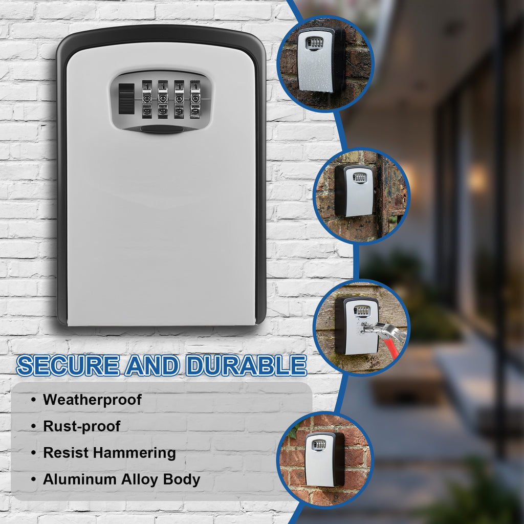 Key Lock Box, [Wall Mounted] Diyife Large 4 Digit Combination Key Lock Box Waterproof Key Holder, Aluminum Alloy, Resettable Keys Safe Box for Home Office Garage School Airbnb [Grey]