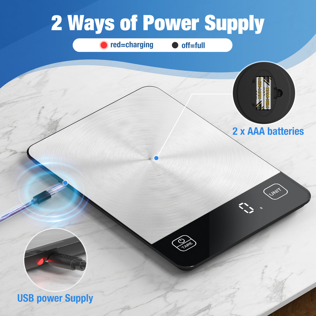 Diyife Rechargeable Kitchen Scales,15kg/1g, Large Stainless Steel Platform, 9×6.3in Large Size, 6 Units, Tare, Auto Shutoff, Wall Mount, USB Charge Food Scales for Baking, Cooking, Battery Included