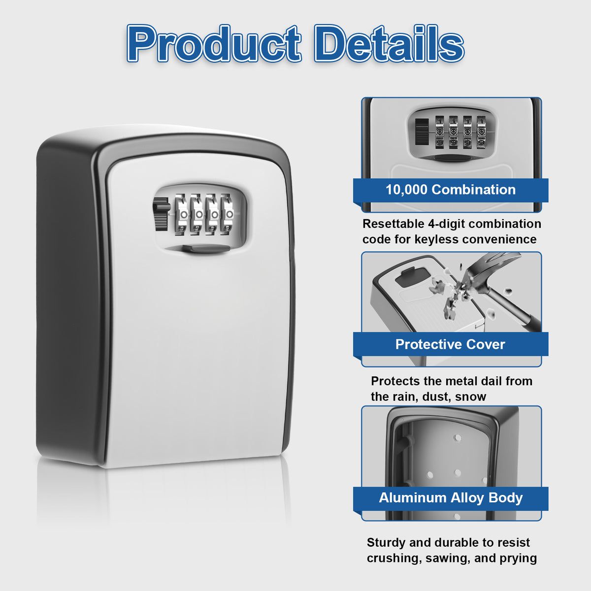 Key Lock Box, [Wall Mounted] Diyife Large 4 Digit Combination Key Lock Box Waterproof Key Holder, Aluminum Alloy, Resettable Keys Safe Box for Home Office Garage School Airbnb [Grey]