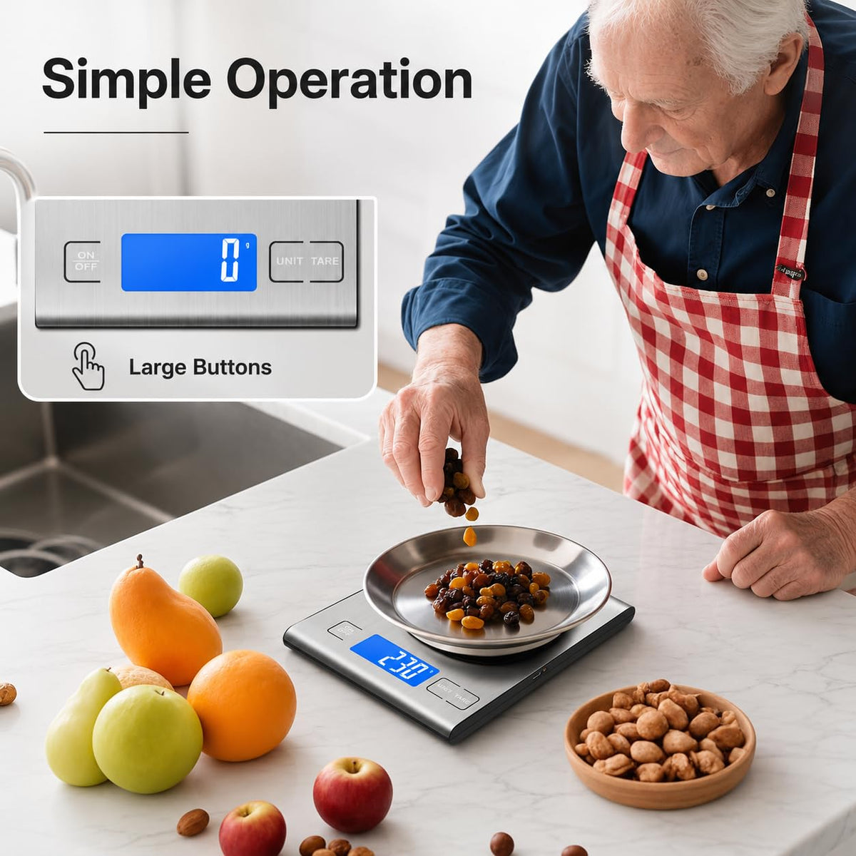 Diyife 15kg/33lbs Rechargeable Digital Kitchen Scales, 1g High Precision, 5 Units, Tare, Stainless Steel Platform, Large LCD Display, Battery Included, USB Charging Food Scales for Baking, Cooking